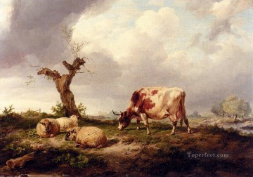  Cooper Pintura - Una vaca con ovejas en un paisaje animales de granja ganado Thomas Sidney Cooper
